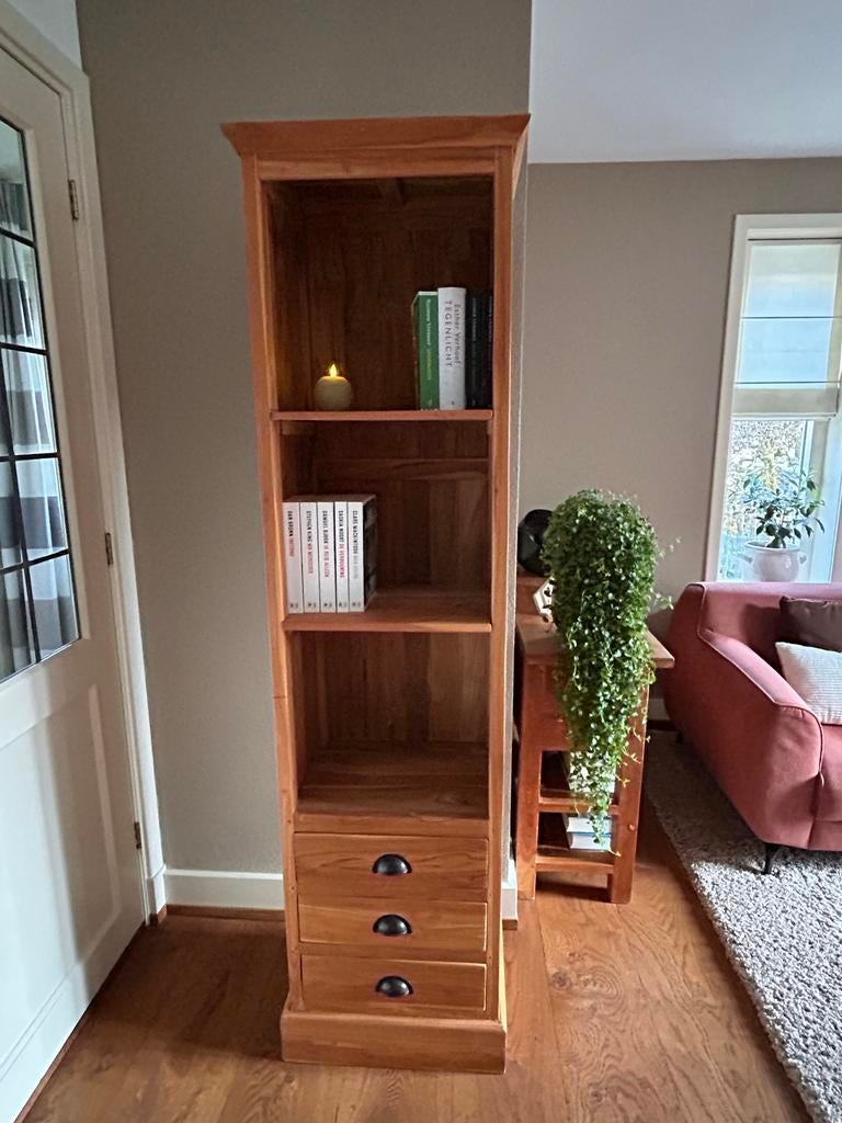 Teakhouten boekenkast (Indoteak) met lades en planken, Ophalen, Minder dan 50 cm, Gebruikt, 200 cm of meer