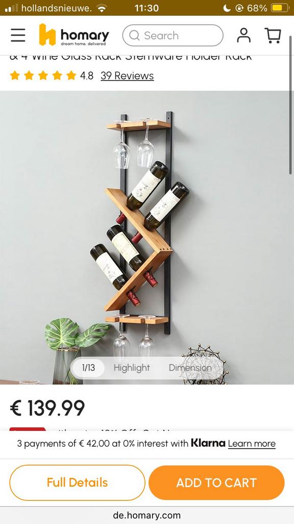 Wijnrek Homary - nieuw, Huis en Inrichting, Woonaccessoires | Wijnrekken, Ophalen, Nieuw, Minder dan 5 flessen, Metaal