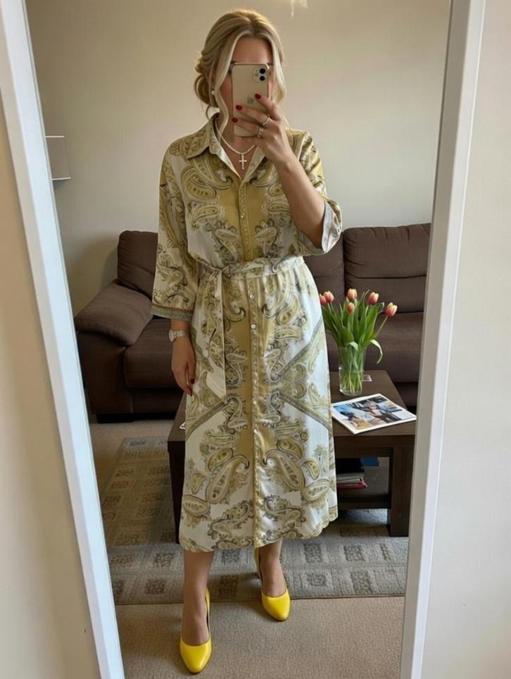 Lange jurk K-Design xl, Kleding | Dames, Jurken, Zo goed als nieuw, Maat 46/48 (XL) of groter, Geel, Onder de knie, Ophalen of Verzenden