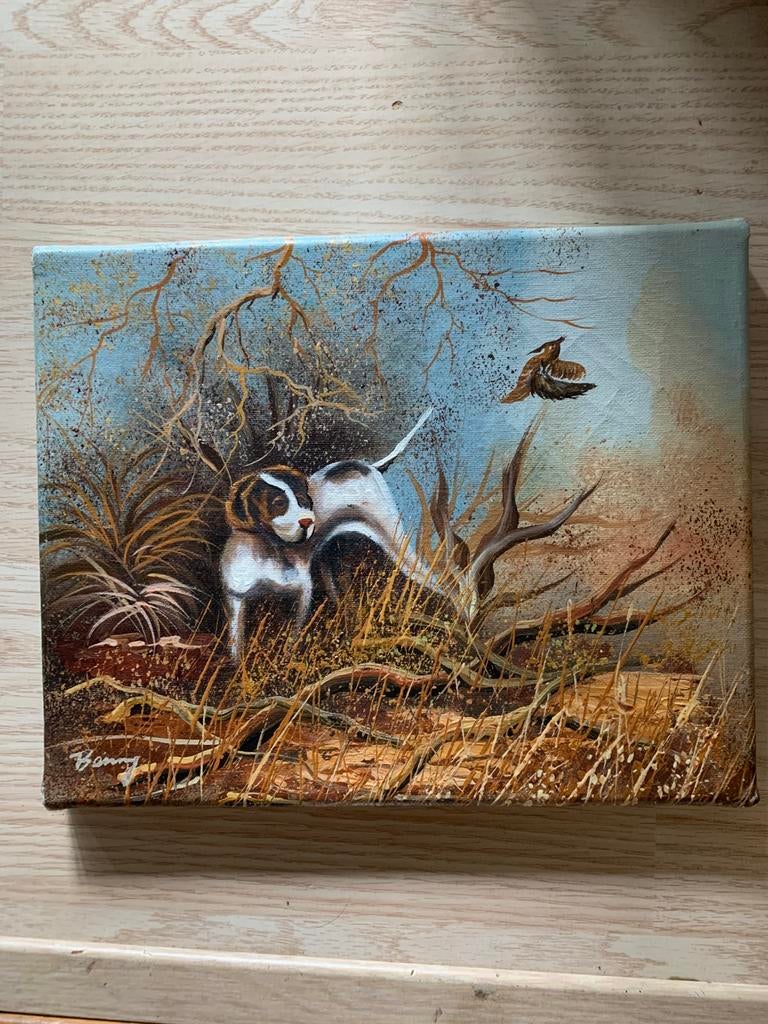 Leuk vintahe schilderijtje van een jachthond gesigneerde, Ophalen of Verzenden, Zo goed als nieuw