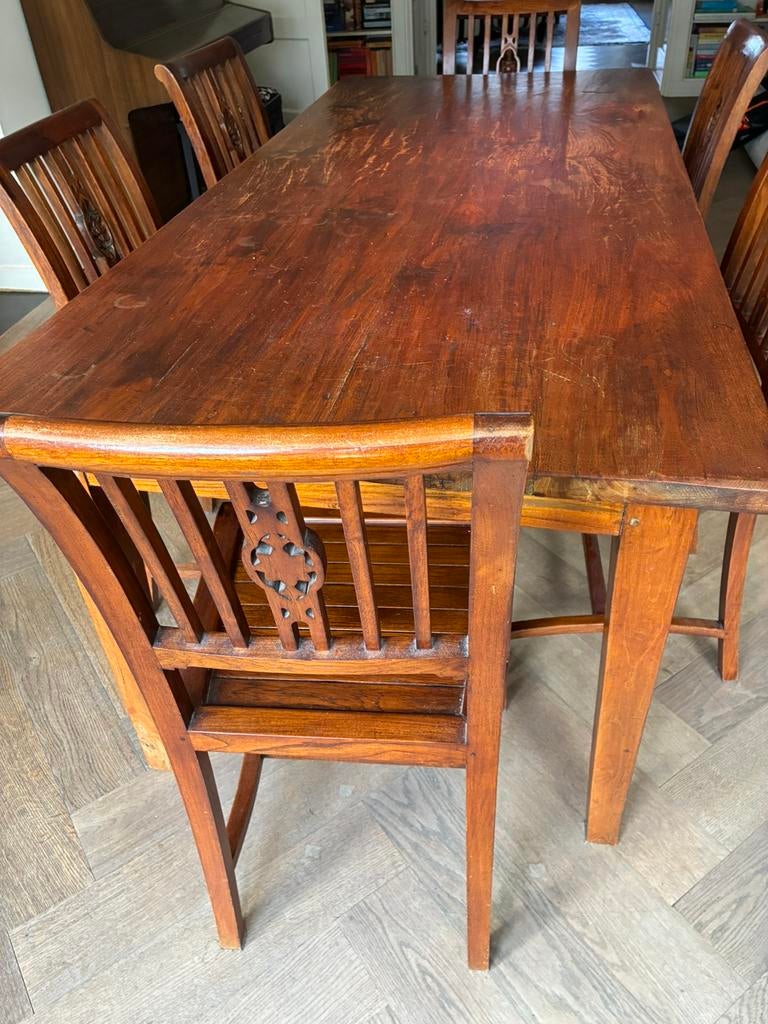 TOPAANBIEDING! teakhouten eethoek met 6 stoelen en tafel, Ophalen, Gebruikt, Koloniaal, 4 tot 6 stoelen