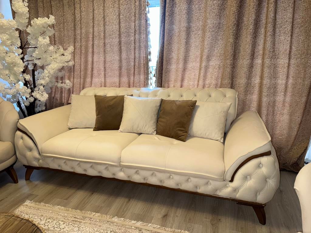 Luxe chesterfield velours bankenset met eikenhout details, Huis en Inrichting, Banken | Bankstellen, Ophalen, 75 tot 100 cm, Zo goed als nieuw