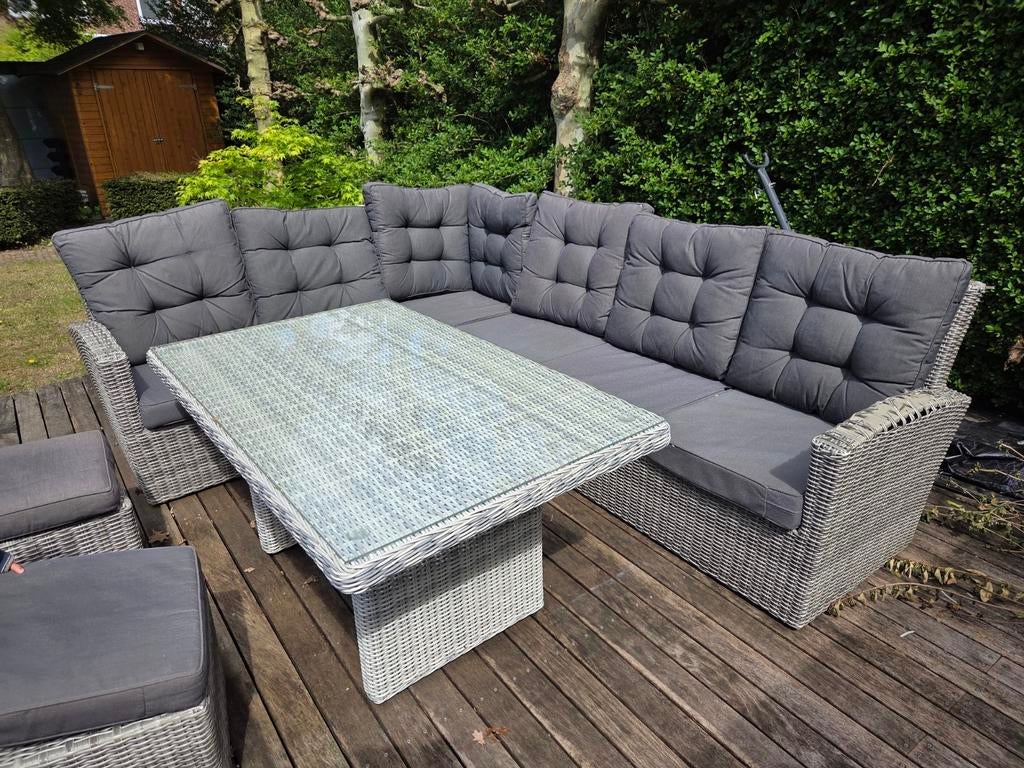 Lounge tuinset met tafel en krukjes, Tuin en Terras, Tuinsets en Loungesets, Ophalen, 5 zitplaatsen, Gebruikt, Bank