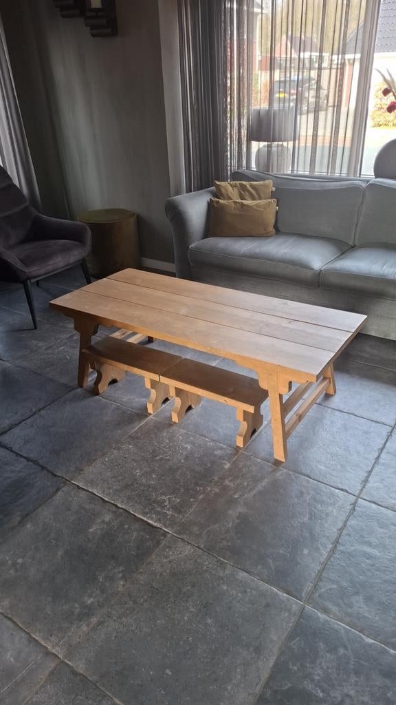 Landelijke salontafel met 2 bijpassende krukjes, Gebruikt, 100 tot 150 cm, Landelijke stijl, Minder dan 50 cm