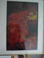 Breitner; reproductie meisje in rode kimono, in lijst, Ophalen of Verzenden