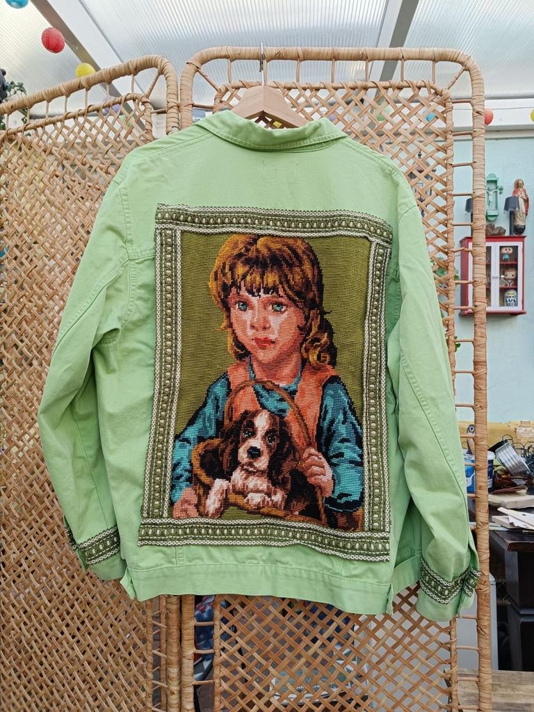 Vintage jasje borduurwerk groen spijkerjack maat S M L, Maat 38/40 (M), Nieuw, Ophalen of Verzenden, Handgemaakt