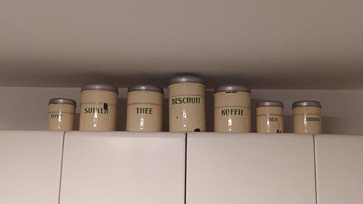 Set van 7 Antieke Emaille Voorraadpotten - Keuken Decoratie, Antiek en Kunst, Antiek | Emaille, Ophalen of Verzenden