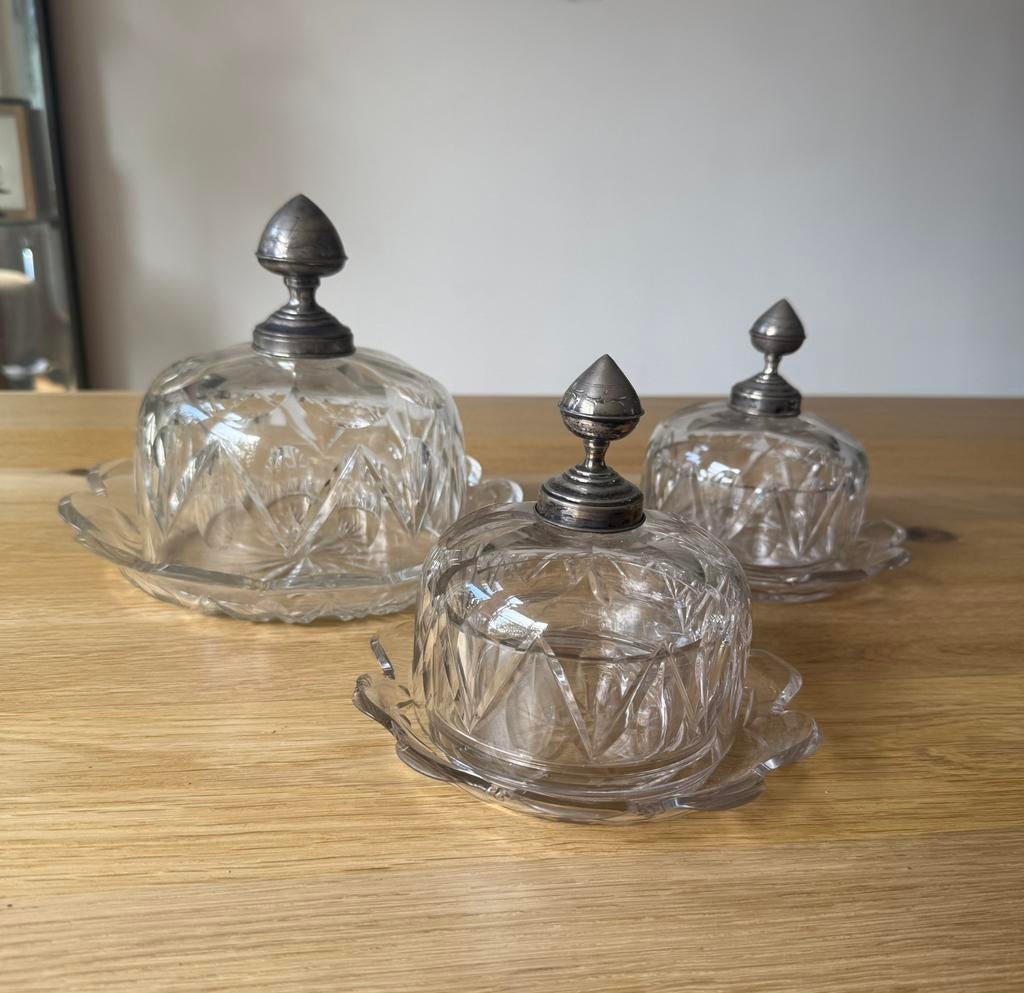 Antiek geslepen glas stolpenset 8-delig zilver knopjes, Ophalen of Verzenden