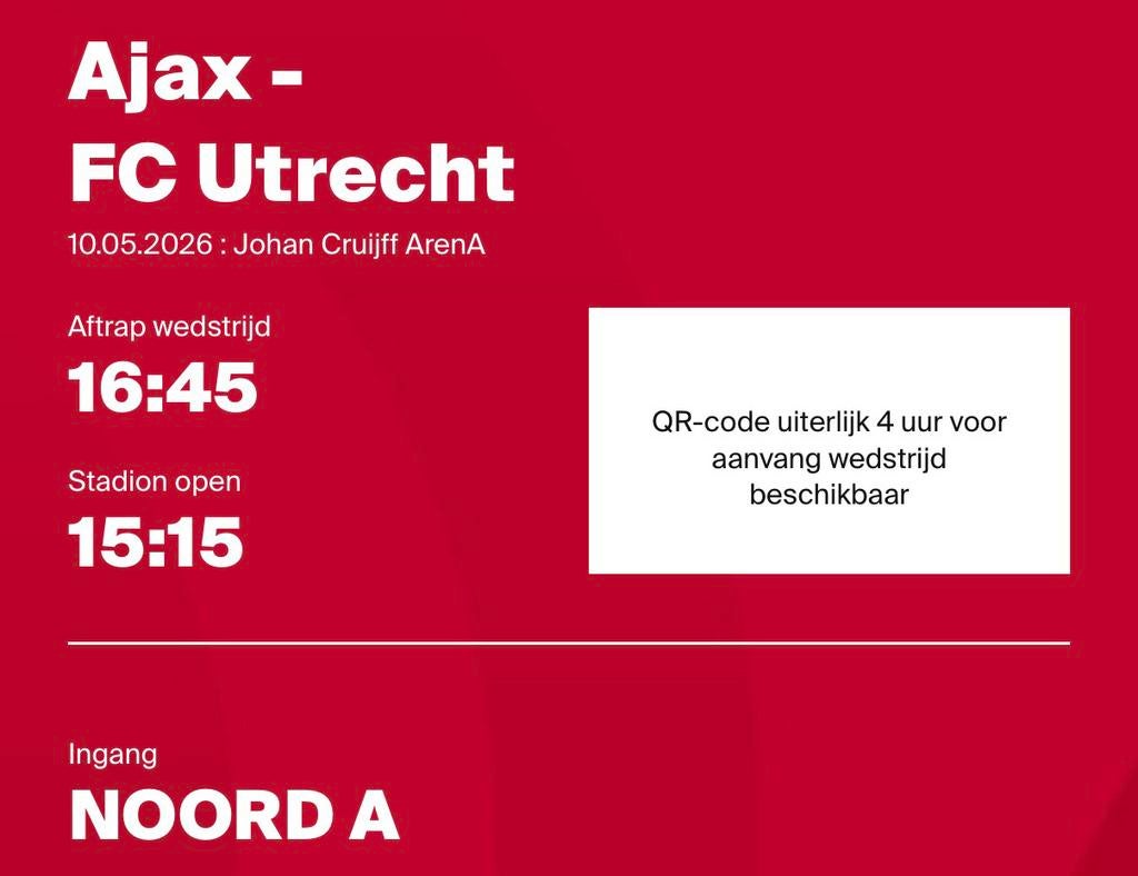 1 kaartje Ajax - FC Utrecht vak 421, Tickets en Kaartjes, Losse kaart, Eén persoon, Mei