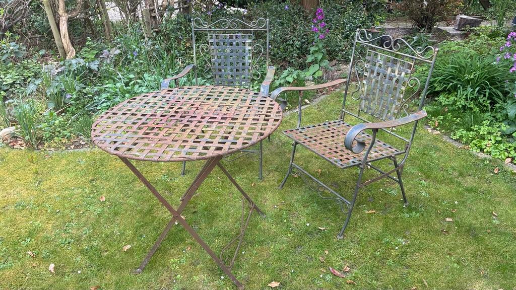 Vintage ijzeren tuinset: Tafel en 2 Stoelen (brocante), Ophalen