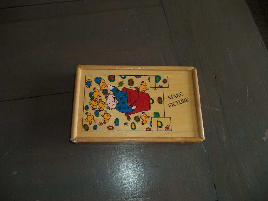 e22 - diverse houten puzzels in houten kistje, Ophalen of Verzenden, Meer dan 50 stukjes, Gebruikt, 6 maanden tot 2 jaar
