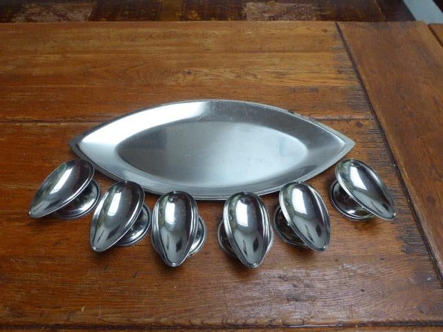 Vintage rvs serveerschaal met 6 coupes, Guy Degrenne, Ophalen of Verzenden
