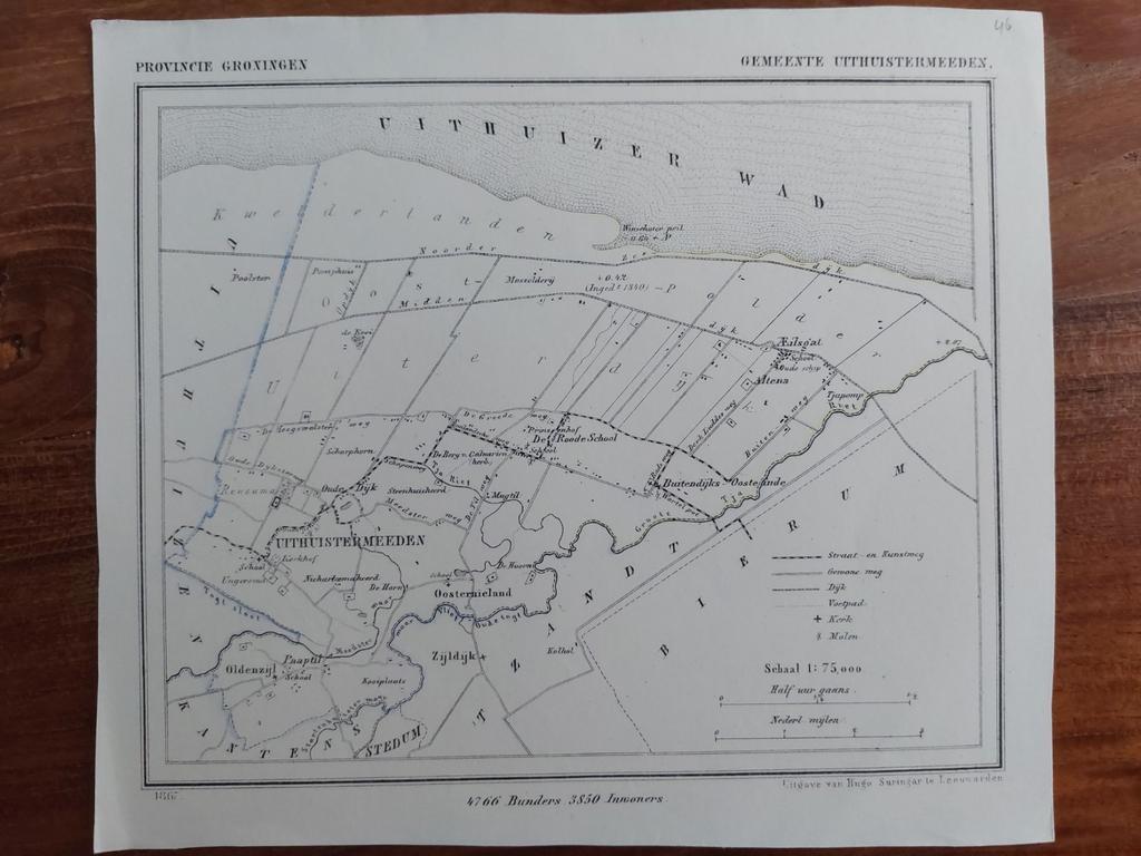 46 / Uithuizermeeden Oldenzijl Zijldijk Litho 1867 J. Kuyper, Ophalen of Verzenden