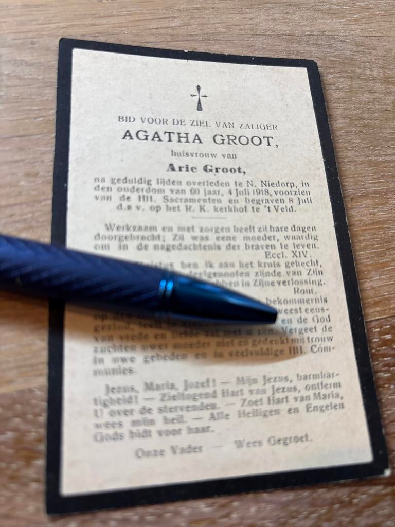 Groot Agatha 1918 Niedorp 't Veld x Groot - E00708 -, Ophalen of Verzenden, Bidprentje