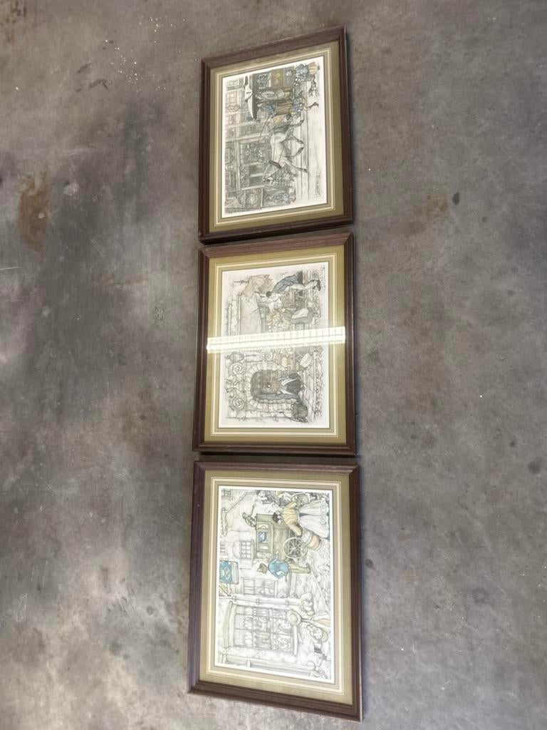 Drie ingelijste Anton Pieck prenten 33x43 cm, Antiek en Kunst, Kunst | Tekeningen en Foto's, Ophalen of Verzenden