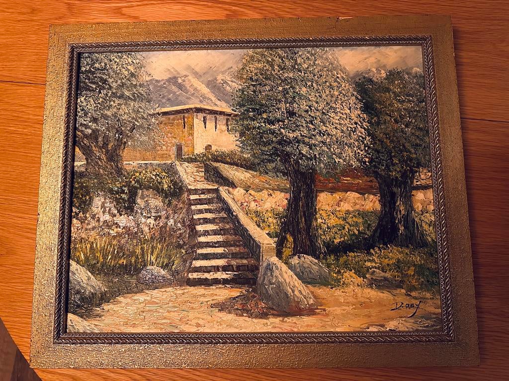 Schilderij met huis en bergen, gesigneerd D. Oby, Ophalen of Verzenden