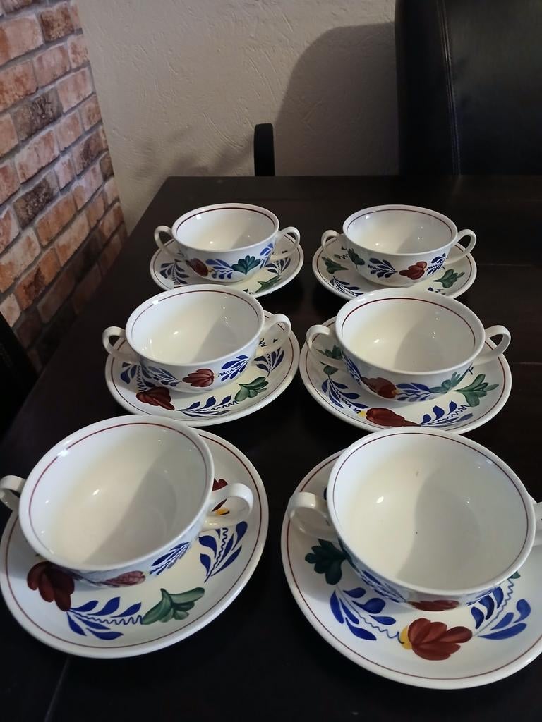 6 Boerenbont soepkommen met schotels, Ophalen of Verzenden, Zo goed als nieuw, Kop(pen) en/of Schotel(s), Aardewerk