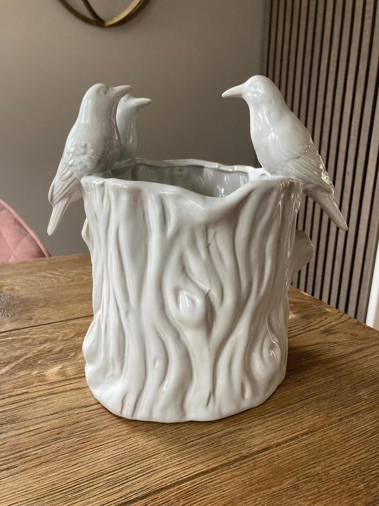 Des Pots Witte bloempot met vogels, Huis en Inrichting, Wit, Aardewerk of Porselein, Ophalen of Verzenden, Zo goed als nieuw