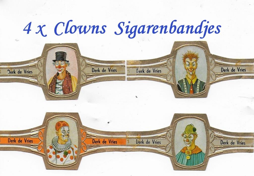 4 sigarenbandjes met clowns ( derk de vries ), Ophalen of Verzenden, Zo goed als nieuw, Sigarenbandjes