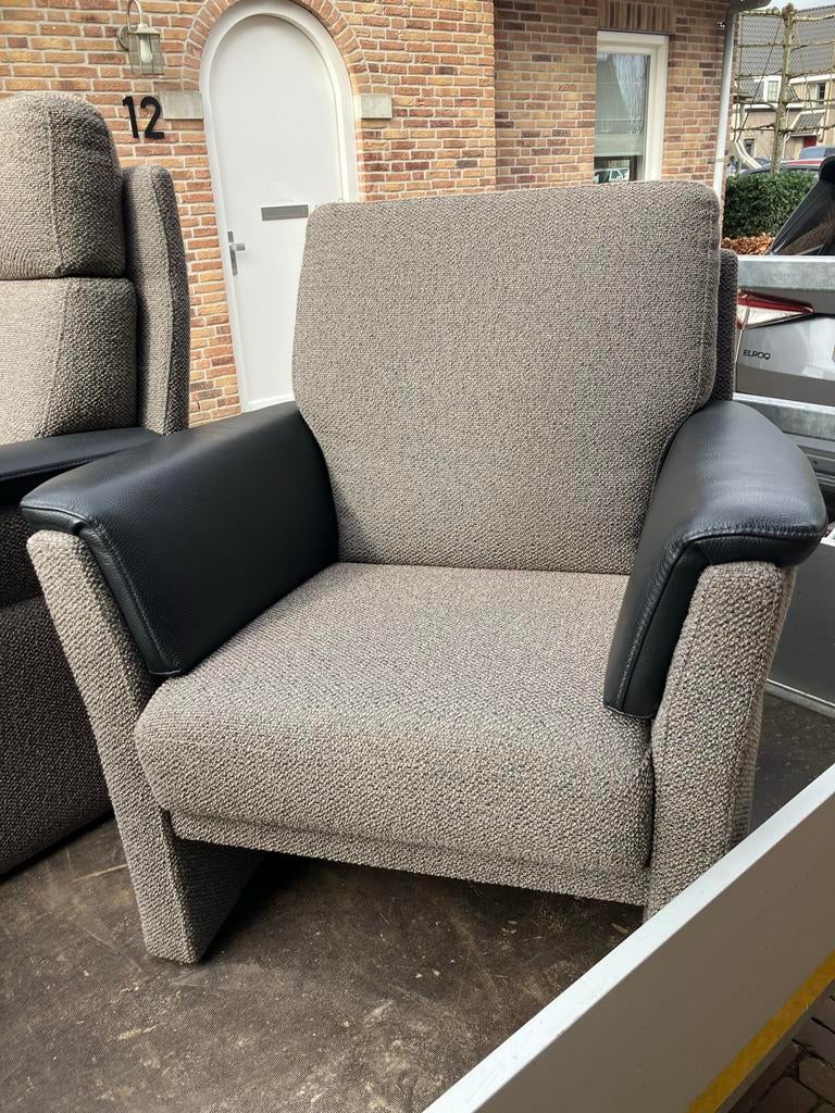 Talo fauteuils, grijs stof met leren armleuningen, Ophalen of Verzenden, Gebruikt, Stof, 75 tot 100 cm