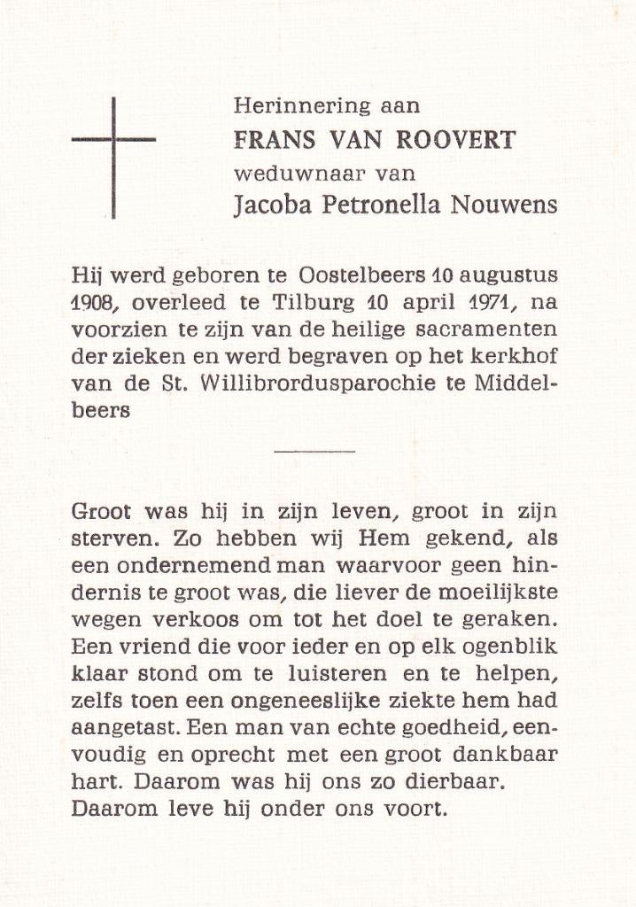 Roovert Frans 1908 Oostelbeers 1971 Tilburg, Ophalen of Verzenden, Bidprentje