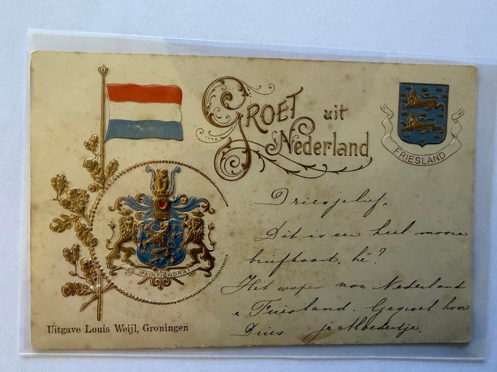 Antieke Ansichtkaart Groet uit Nederland Friesland, Verzamelen, Ansichtkaarten | Nederland, Ophalen of Verzenden, Voor 1920, Gelopen