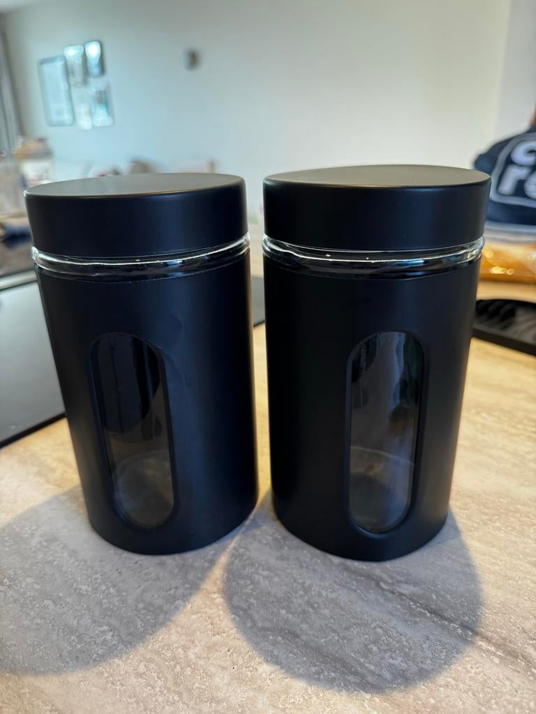 Glazen Voorraadbus Zwart - 1 Liter met Zichtvenster, Ophalen, Glas, Zo goed als nieuw, Voorraadpot