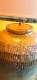 Robuuste vintage aardewerk schemer lamp, groen, linnen kap, Overige materialen, Gebruikt, Vintage, Ophalen of Verzenden