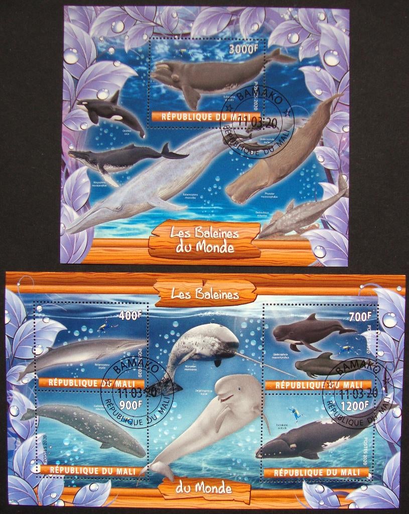 - 823 - 2 Blokken met Baleinen vissen., Verzenden, Gestempeld, Dier of Natuur