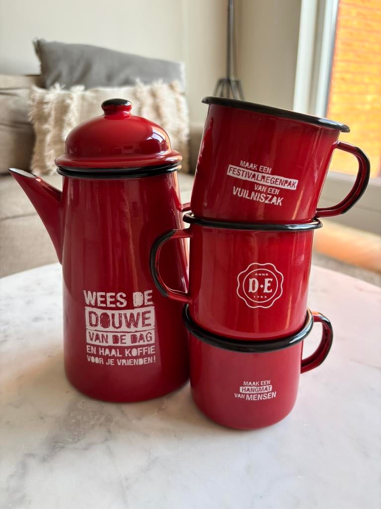 Douwe Egberts Emaille koffiekan + mokken Lowlands, Antiek en Kunst, Ophalen of Verzenden