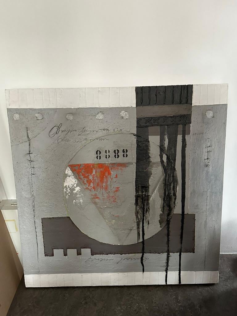Abstract schilderij met grijs, zwart en oranje, Antiek en Kunst, Kunst | Schilderijen | Abstract, Ophalen of Verzenden