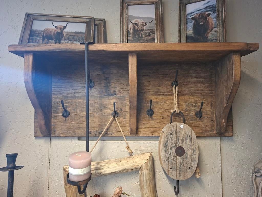 Stoere Landelijke Kapstok met Rek en 6 Haken, Huis en Inrichting, Woonaccessoires | Kapstokken, Nieuw, Minder dan 100 cm, Hout