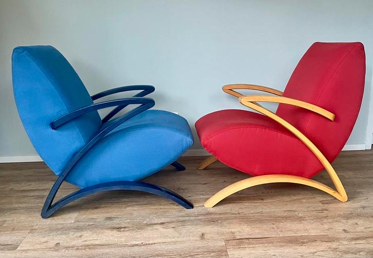 2 zeer unieke vintage Jindrich Halabala design fauteuils, Huis en Inrichting, Fauteuils, Zo goed als nieuw, Hout, Stof, 50 tot 75 cm