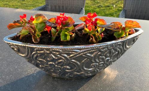 Sierlijk gedecoreerde zilveren Aardewerk plantenbak, Tuin en Terras, Bloembakken en Plantenbakken, Zo goed als nieuw, Steen, Binnen