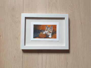 Originele mini aquarel speels kitten met bol wol ingelijst beschikbaar voor biedingen