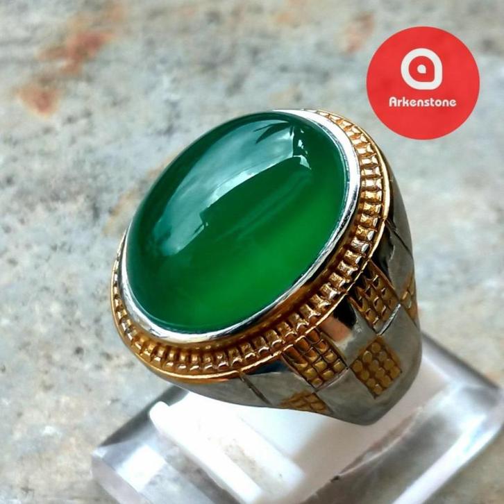 Elegante Ring met Fascinerende Groene Garut Agaat CAR53, Sieraden, Tassen en Uiterlijk, Ringen, Nieuw, Heer, 20 of groter, Groen