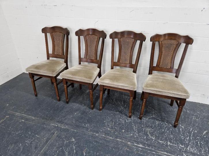 4 massief donker eiken eetkamerstoelen met webbing, Huis en Inrichting, Stoelen, Gebruikt, Vier, Hout, Stof, Bruin, Ophalen