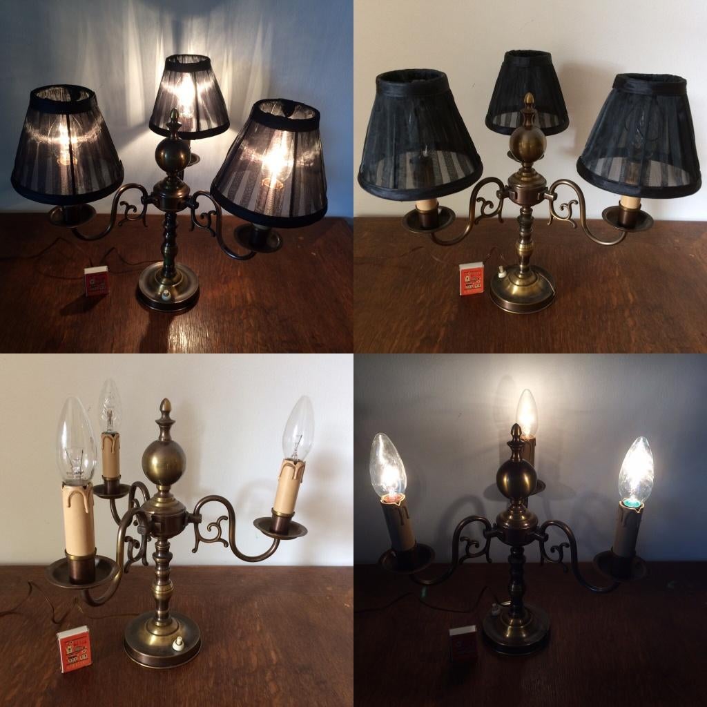 Ouderwets kandelaarlamp 3 elektrische druipkaarsjes + kapjes, Huis en Inrichting, Ophalen of Verzenden, Gebruikt, Metaal, Minder dan 50 cm