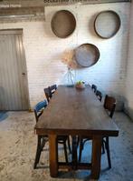 Vintage lange smalle eiken tafel robuust, strak, sober 220cm, Ophalen of Verzenden