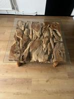 Teakhouten salontafel met glazen blad, Gebruikt, 100 tot 150 cm, Minder dan 50 cm, Vierkant