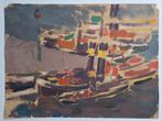 Olieverf op papier. Stoomschepen in de haven., Antiek en Kunst, Ophalen of Verzenden