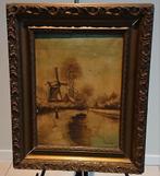 Heel oud schilderij molen aan het water gesigneerd, Ophalen of Verzenden