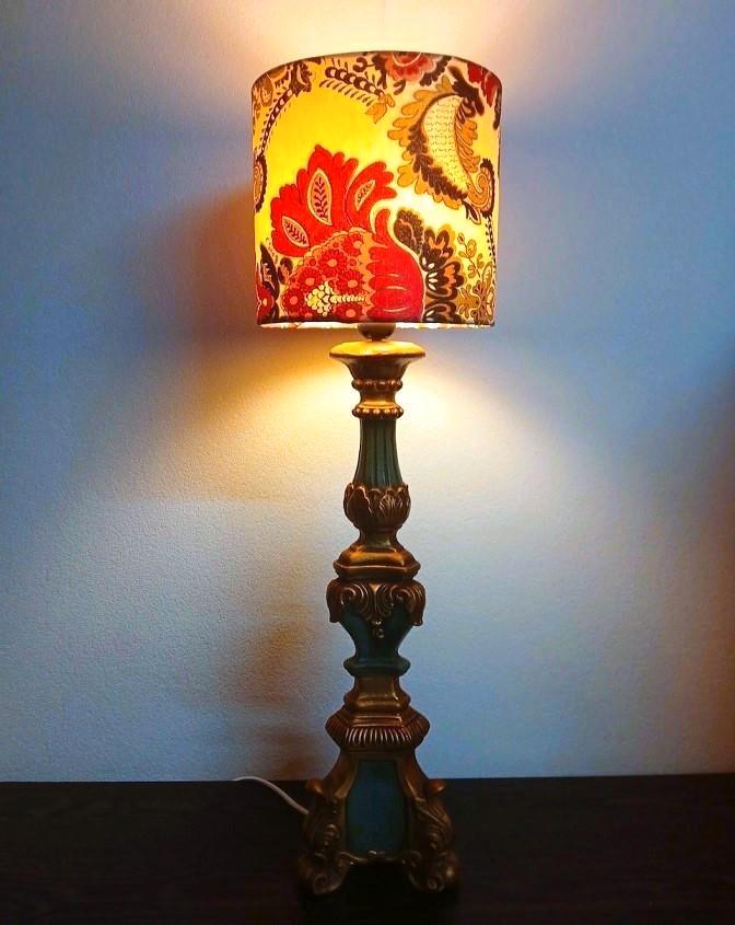 Grote tafellamp barok goud met groen voet - crème lampenkap, Huis en Inrichting, Lampen | Tafellampen, Gebruikt, Minder dan 50 cm