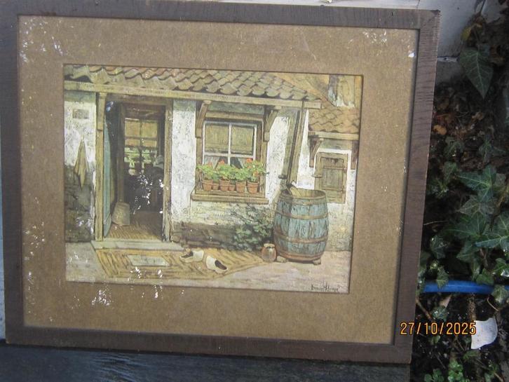 Mooie gesigneerd Boerderij tafereel,  prent in lijst, Verzamelen, Foto's en Prenten, Gebruikt, Overige onderwerpen, Voor 1940