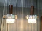 Set retro hanglampen jaren 50  metaal ,hout ,glas, Ophalen of Verzenden