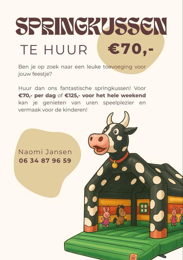 Springkussen Koe te huur - Roden, Kinderen en Baby's, Speelgoed | Buiten | Springkussens, Gebruikt, Ophalen of Verzenden