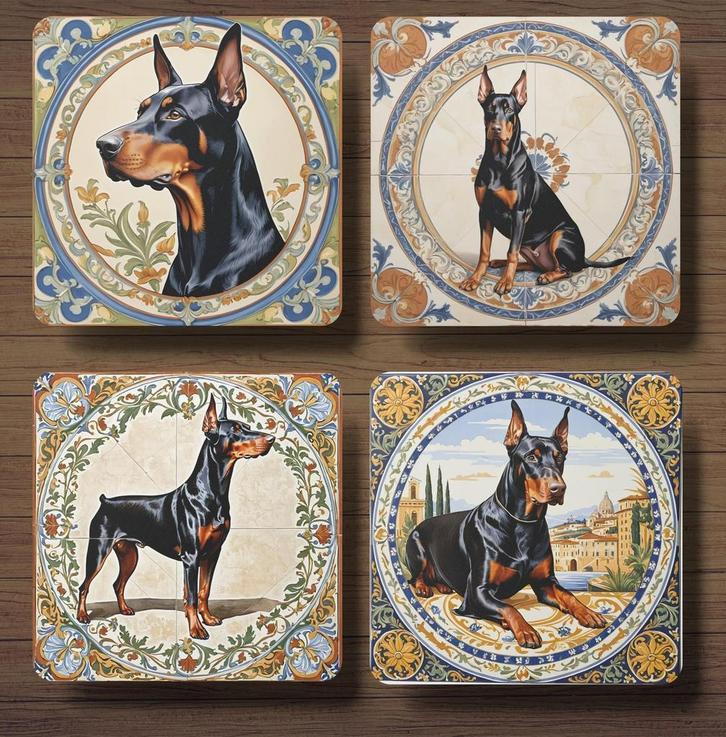 Dobermann Italiaans tegeltje onderzetters met houder, Huis en Inrichting, Woonaccessoires | Onderzetters, Nieuw, Glas of Kopje