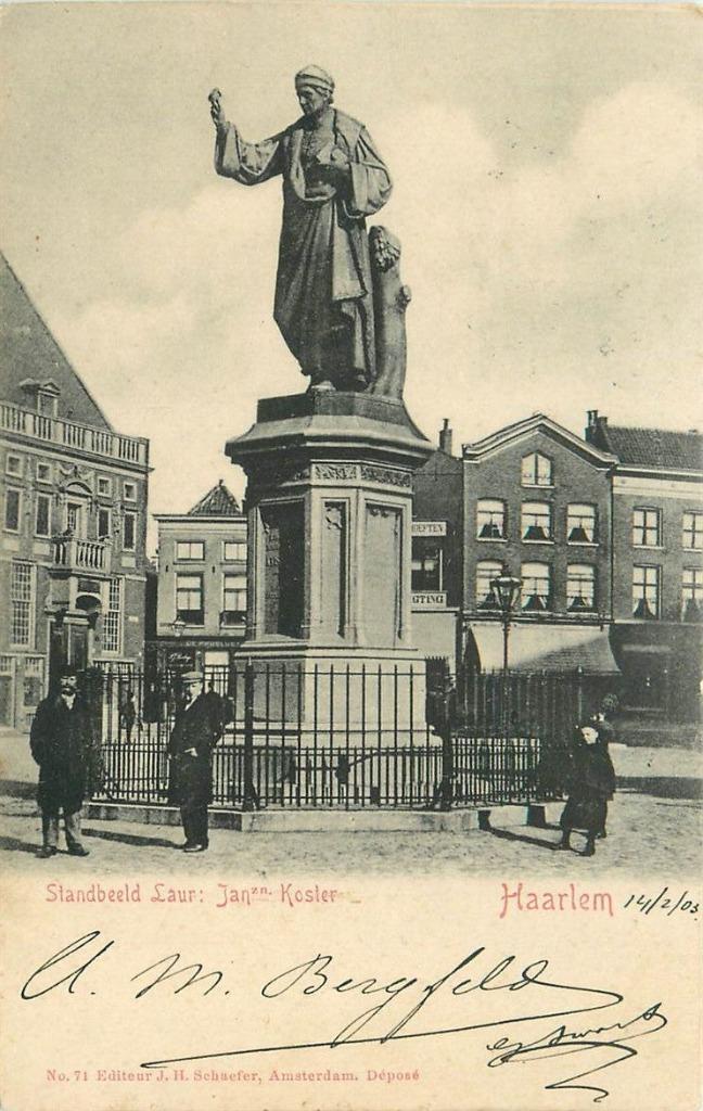 701063003 Haarlem Standbeeld Koster, Verzamelen, Ansichtkaarten | Nederland, Noord-Holland, Ophalen of Verzenden