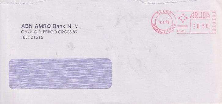 Aruba 1994 M15 ABN-AMRO Machinestempel Vensterenvelop, Postzegels en Munten, Brieven en Enveloppen | Buitenland, Envelop, Ophalen of Verzenden