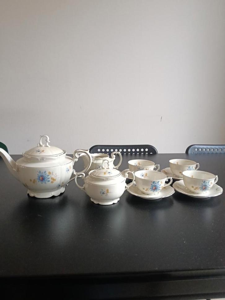 Porseleinen Theeservies met Bloemmotief, Antiek en Kunst, Antiek | Servies compleet, Ophalen of Verzenden